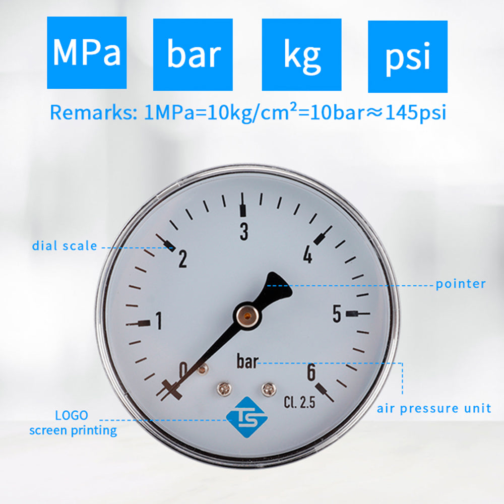 TS-60-6bar High Precision 60mm Large Dial Pressure Gauge 0-6 Bar Water / Gas / Air Pressure Measurement Tool with 1 / 4inch NPT Bottom Mount TS-60-6bar High Precision 60mm Large Dial Pressure Gauge 0-6 Bar Water / Gas / Air Pressure Measurement Tool with 1 / 4inch NPT Bottom Mount